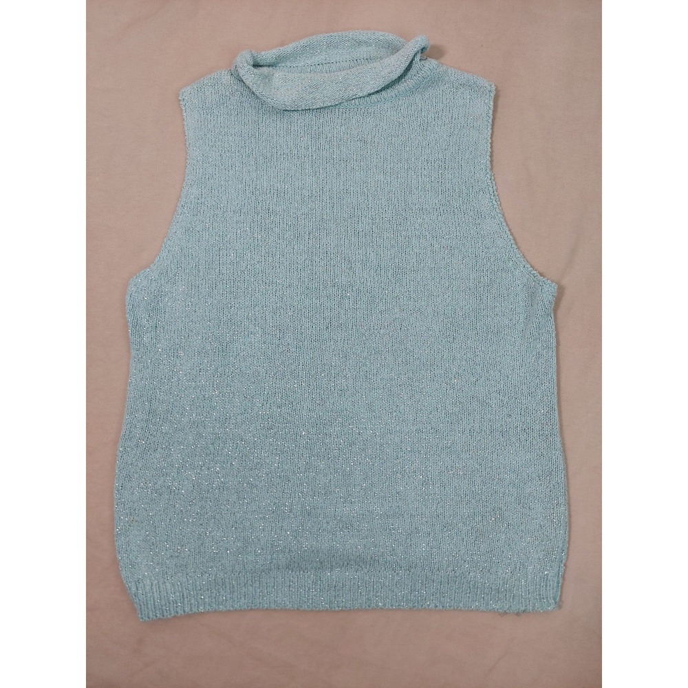 Vintage Y2K Sparkly Sleeveless Turtleneck Silk Angora Knit Top Aqua Blue Spring